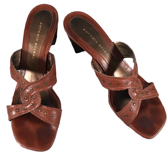 Antonio Melani Brown Heeled Sandals Gold Ton Studs Leather Twist - Picture 1 of 10